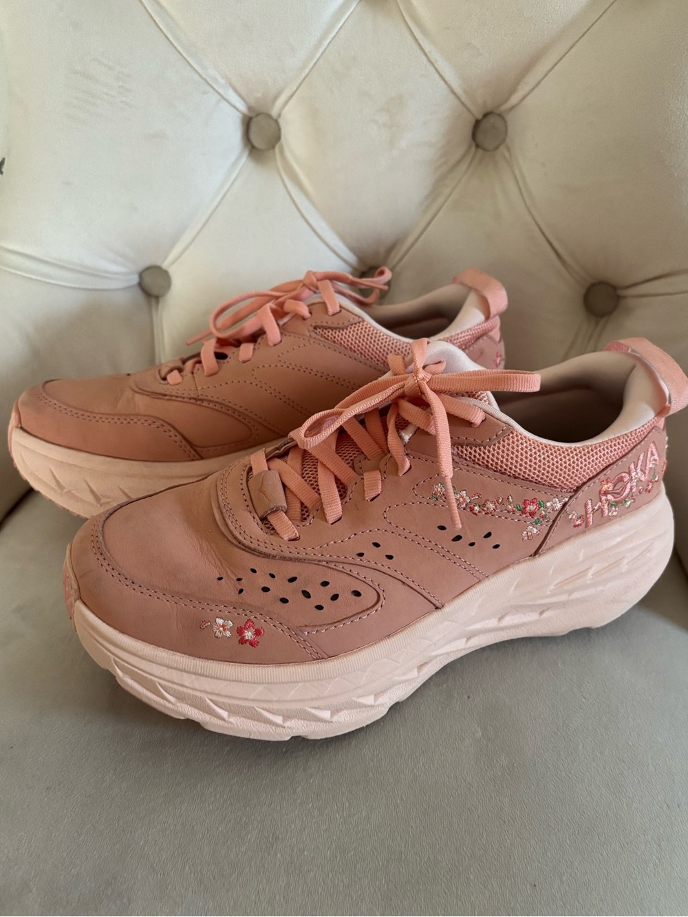 Hoka Pink Platform Sneakers with Floral Embroidery